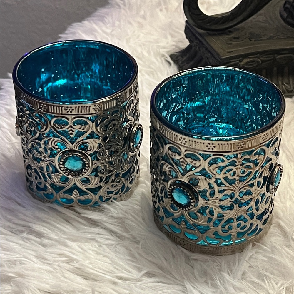Vintage THE BOMBAY COMPANY Blue Bejeweled Mercury Glass Tealight Votive Holders
